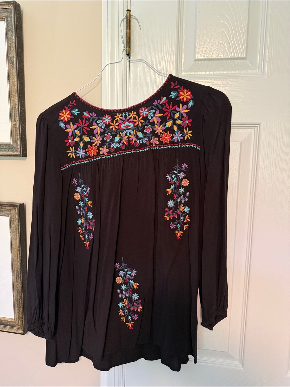 Embroidered Black Peasant top - Floral Detail